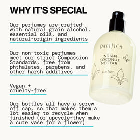 Hand pressing spray of Pacifica perfume demonstrating easy application and long wear benefit