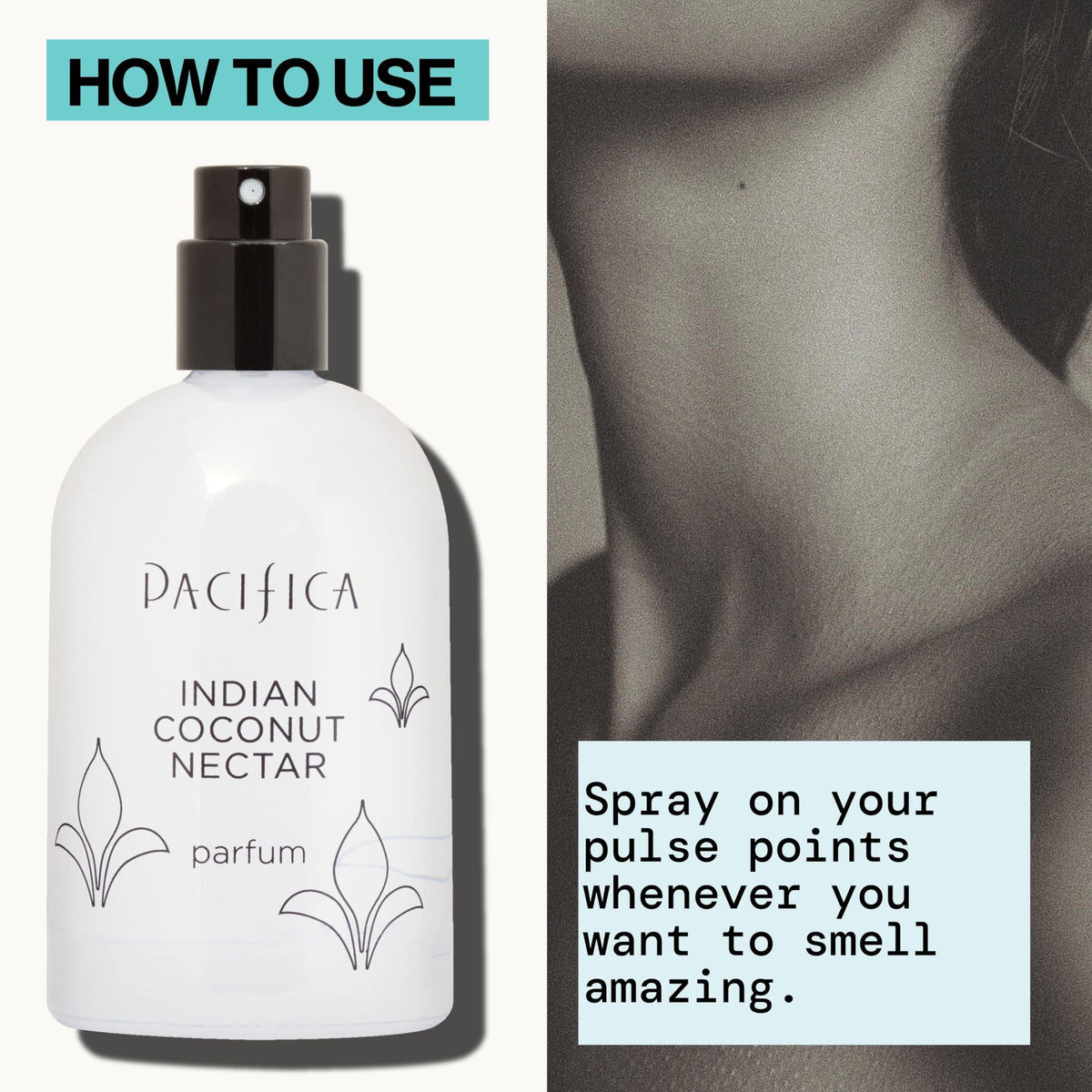 Styled bottle beside vanilla and amber props showing Pacifica gourmand notes and warm comfort benefit