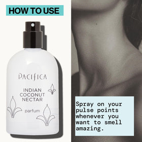 Styled bottle beside vanilla and amber props showing Pacifica gourmand notes and warm comfort benefit