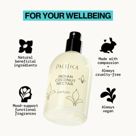 Perfume mist on palm with creamy texture showing Pacifica scent layering and skin-friendly benefit