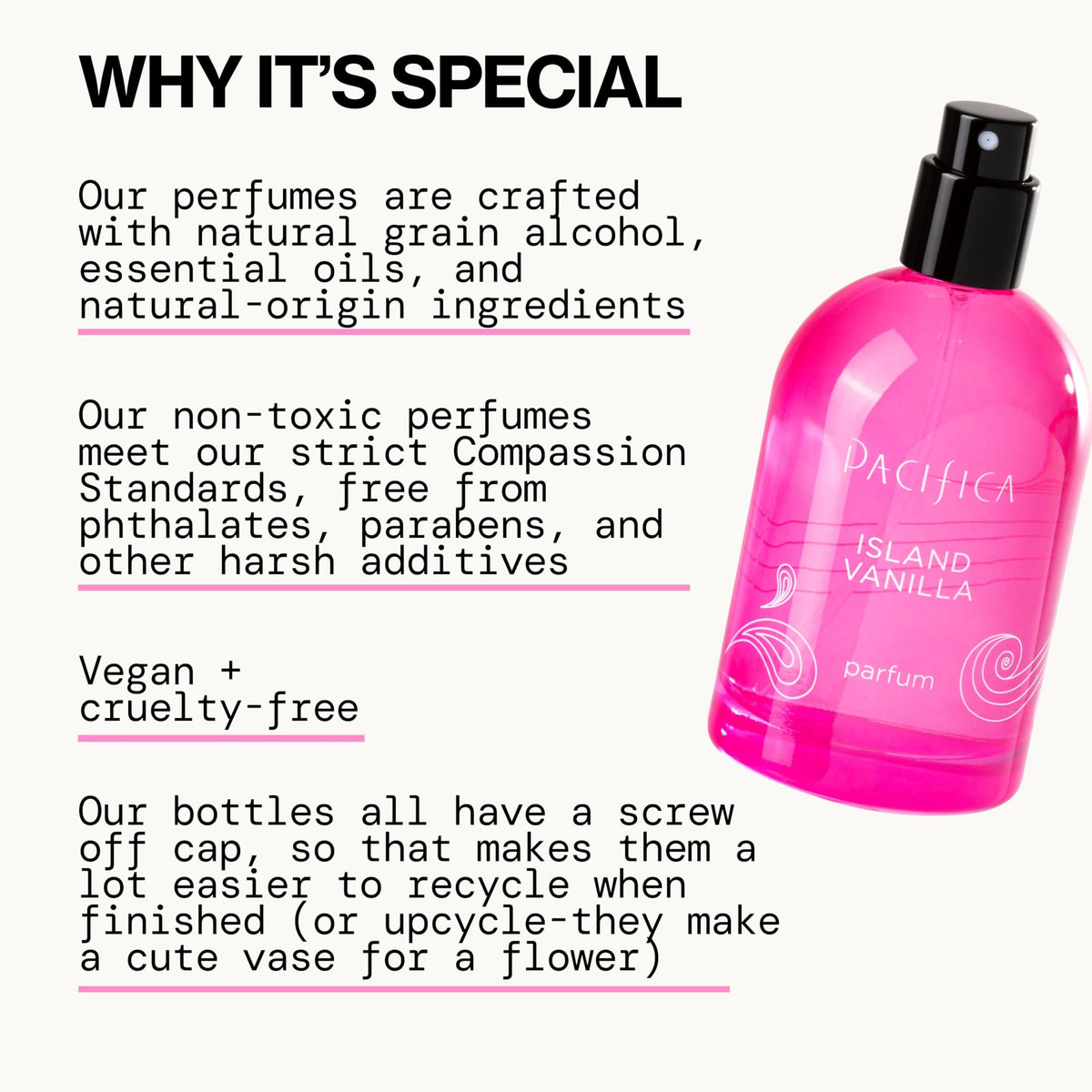 Pacifica Island Vanilla label and sprayer top highlighting clean, vegan formulation