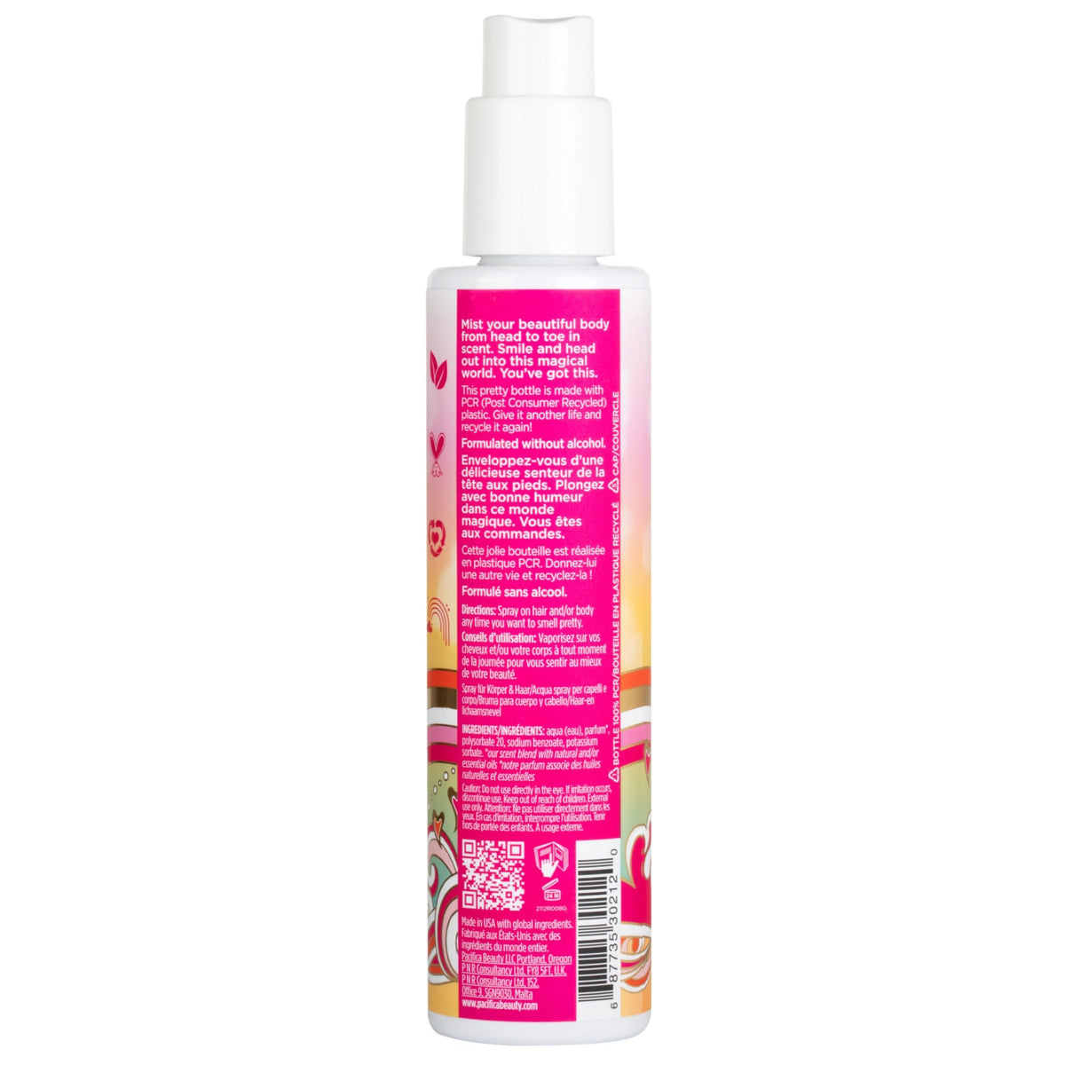 Flatlay of Pacifica bottle with vanilla pods and jasmine to show fragrance notes