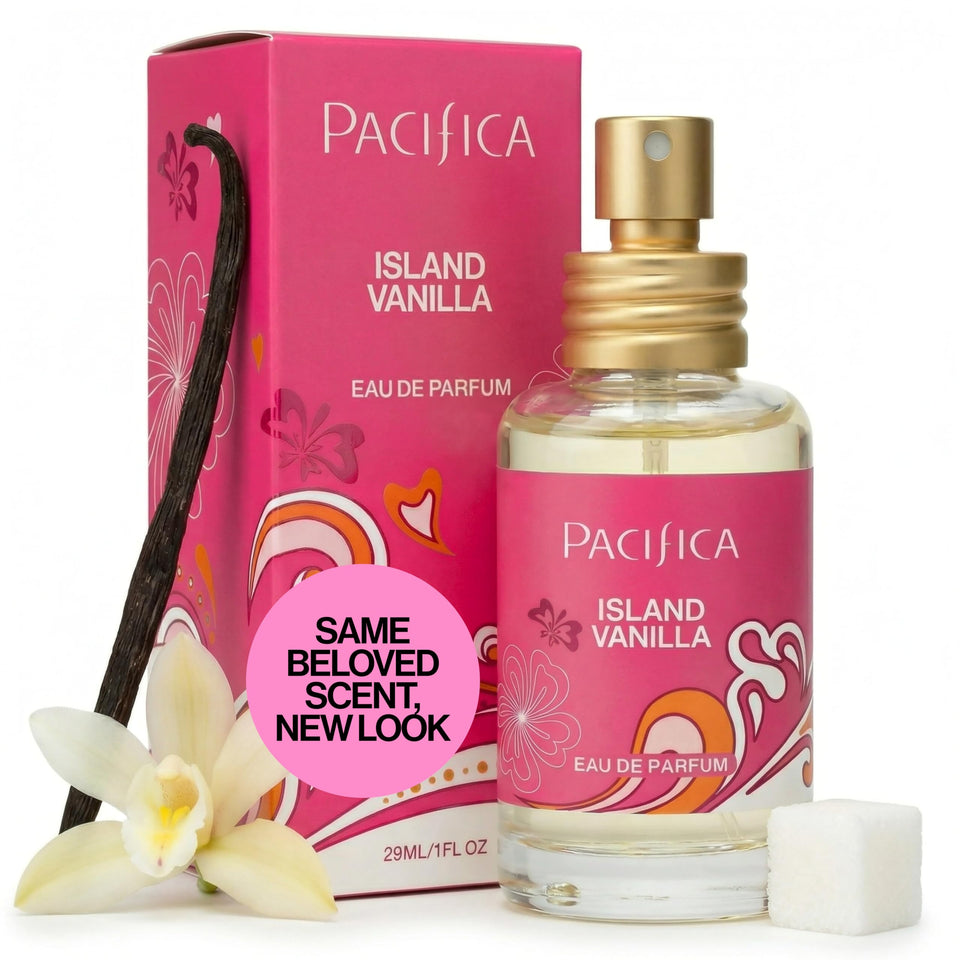 Pacifica front bottle showing warm vanilla scent and elegant design benefit