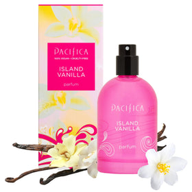 Pacifica Island Vanilla front bottle showing compact travel size and warm vanilla appeal