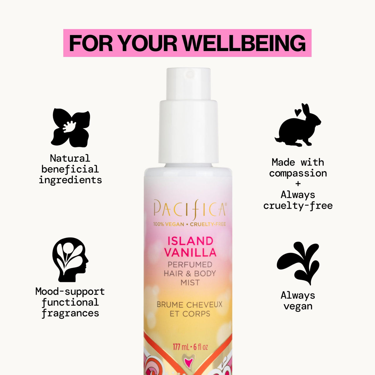 Close-up of Pacifica mist nozzle spraying fine fragrance for gentle coverage