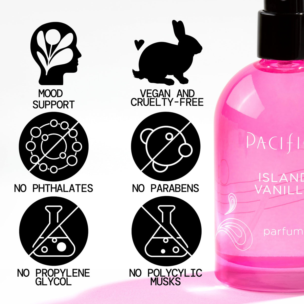 Pacifica Island Vanilla mist spraying fine fragrance for even, long-lasting coverage