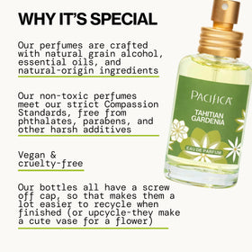 Pacifica label closeup highlighting Tahitian Gardenia name and clean formulation benefit informed choice