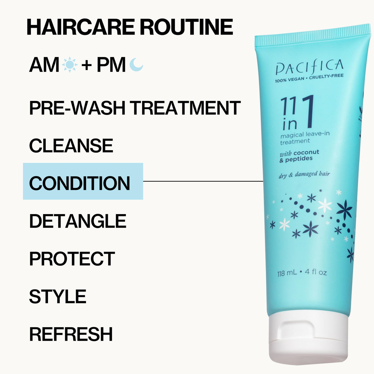Pacifica leave in conditioner staged in bathroom lifestyle setting promoting daily routine