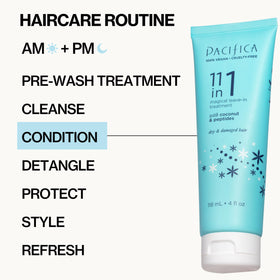 Pacifica leave in conditioner staged in bathroom lifestyle setting promoting daily routine