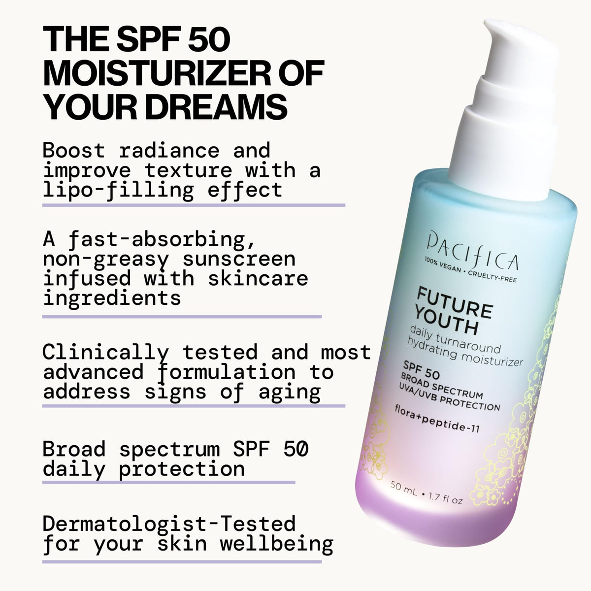 Pacifica moisturizer held in hand to show compact 1.7 fl oz travel-friendly size