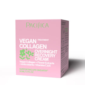 Close-up of Pacifica label listing vegan collagen and clean-beauty claims for clarity