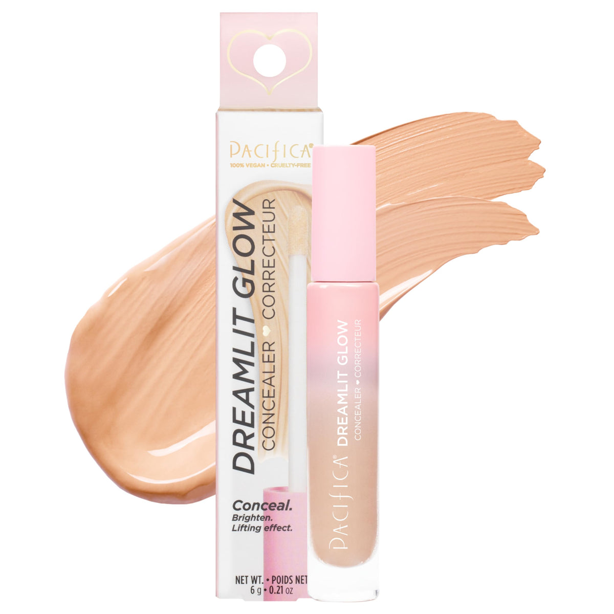 Pacifica pack front showing DreamLit Glow concealer and shade 09 for even coverage