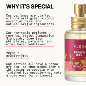 Pacifica Persian Rose closeup label showing ingredients and small-batch promise for purity