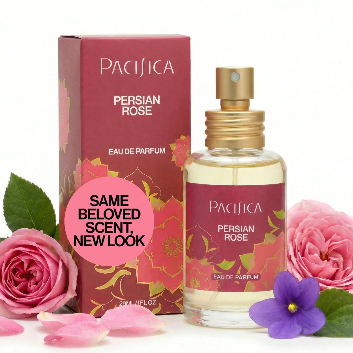 Pacifica Persian Rose front bottle showing elegant glass and rose art, highlights cruelty-free quality