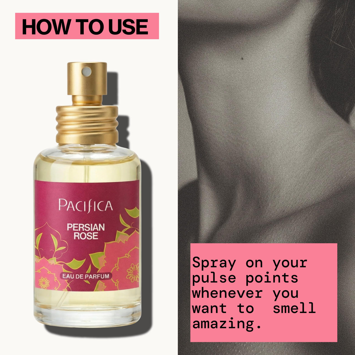 Pacifica Persian Rose texture with oil drops, illustrating gentle, skin-friendly composition