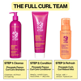 Pacifica before and after curls demonstrating reduced frizz and more definition