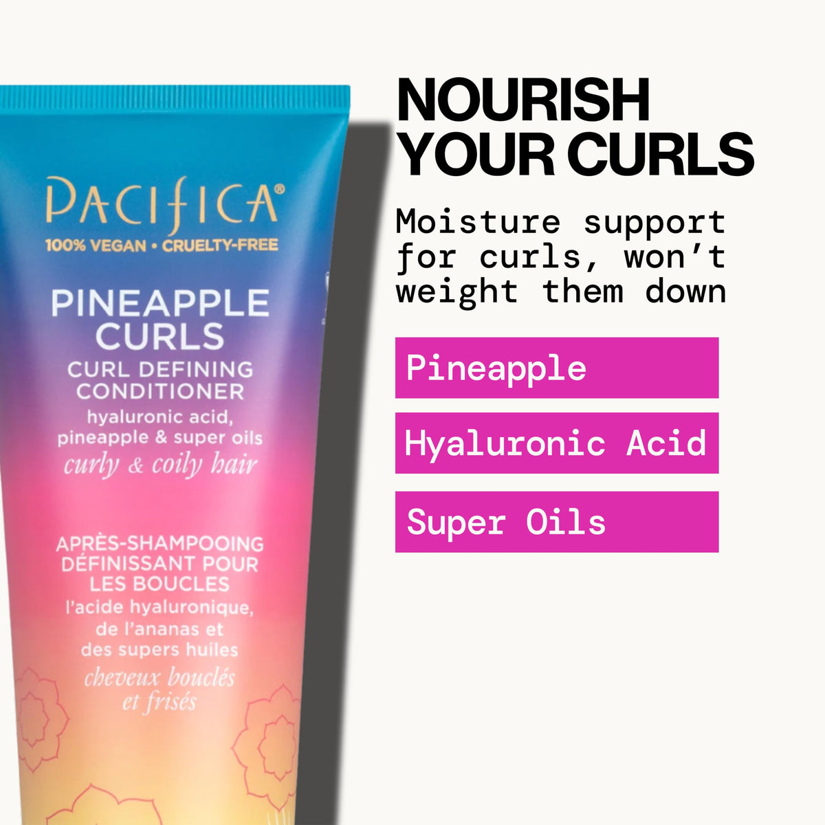 Pacifica Pineapple Curls label detail highlighting ingredients and clean formula