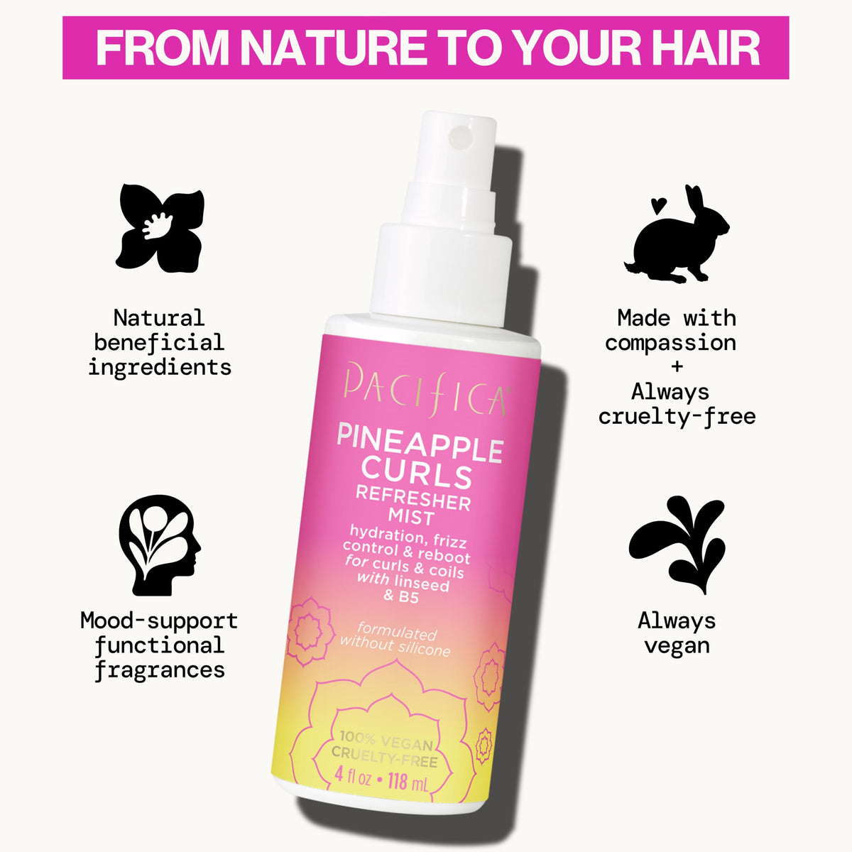 Pacifica mist being applied to wavy hair to restore shape and reduce frizz