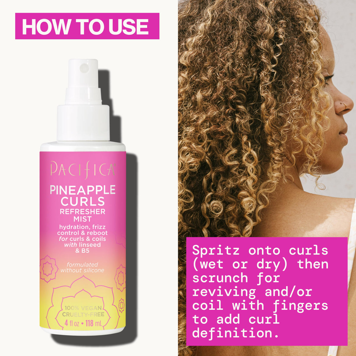 Pacifica refresher sprayed on coily hair to revive definition and bounce