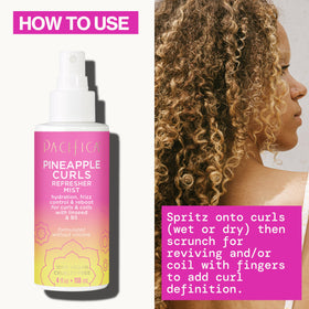 Pacifica refresher sprayed on coily hair to revive definition and bounce