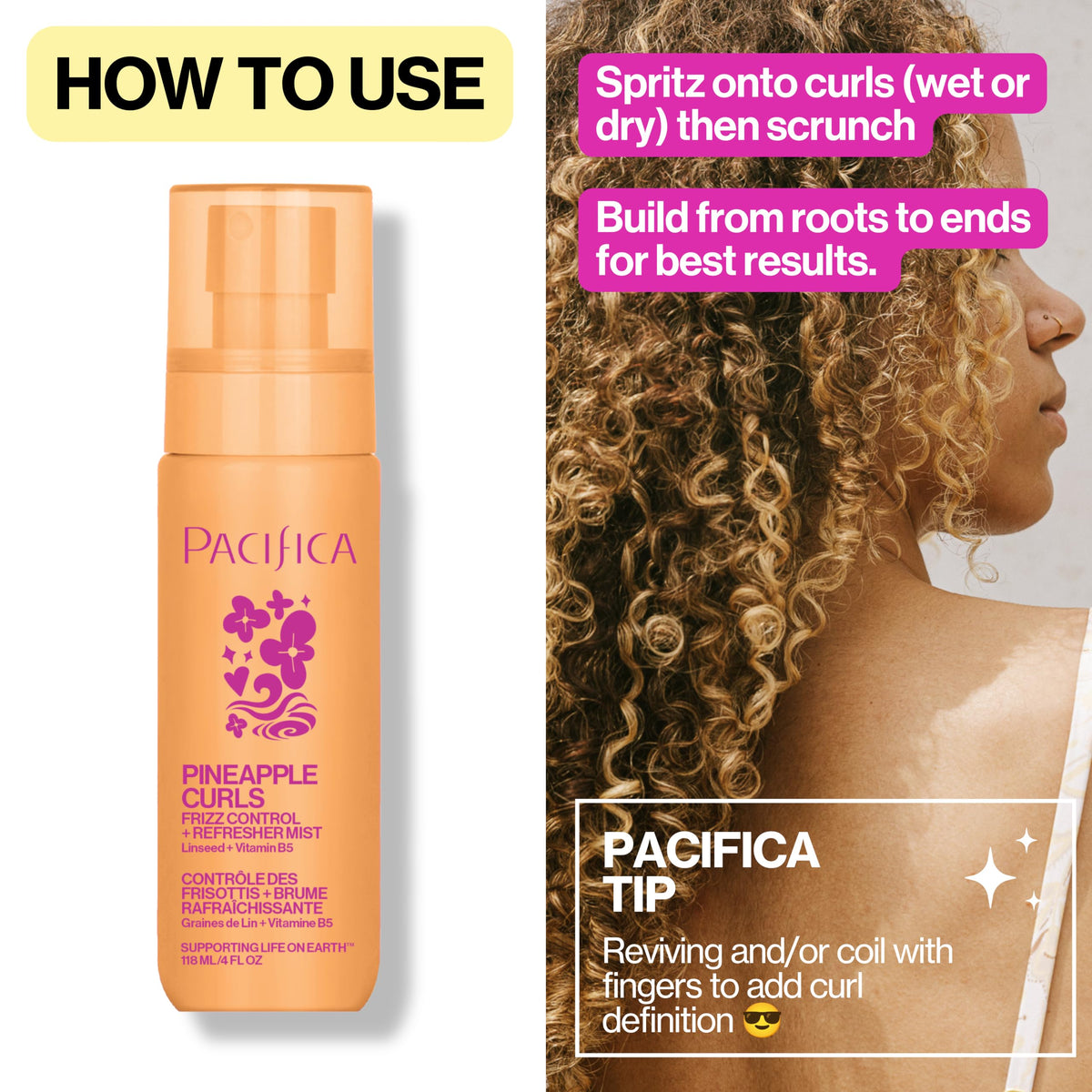 Pacifica mist texture on hair demonstrating lightweight hydration and shine