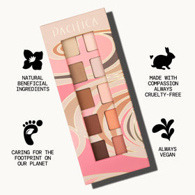 Pacifica swatched row across forearm demonstrating true-to-pan pigmentation and blendability