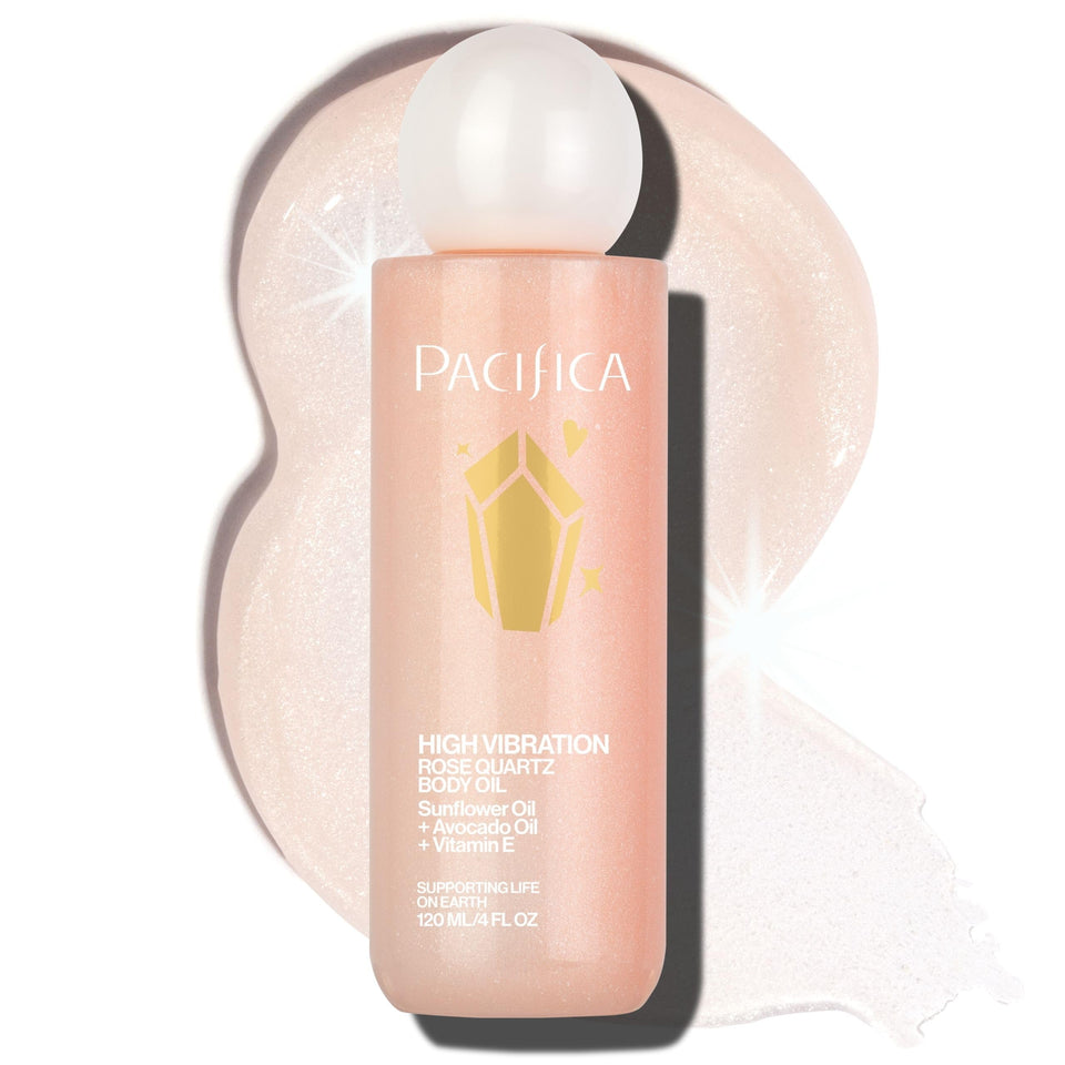 Pacifica bottle front packaging showing rose quartz and floral scent benefits