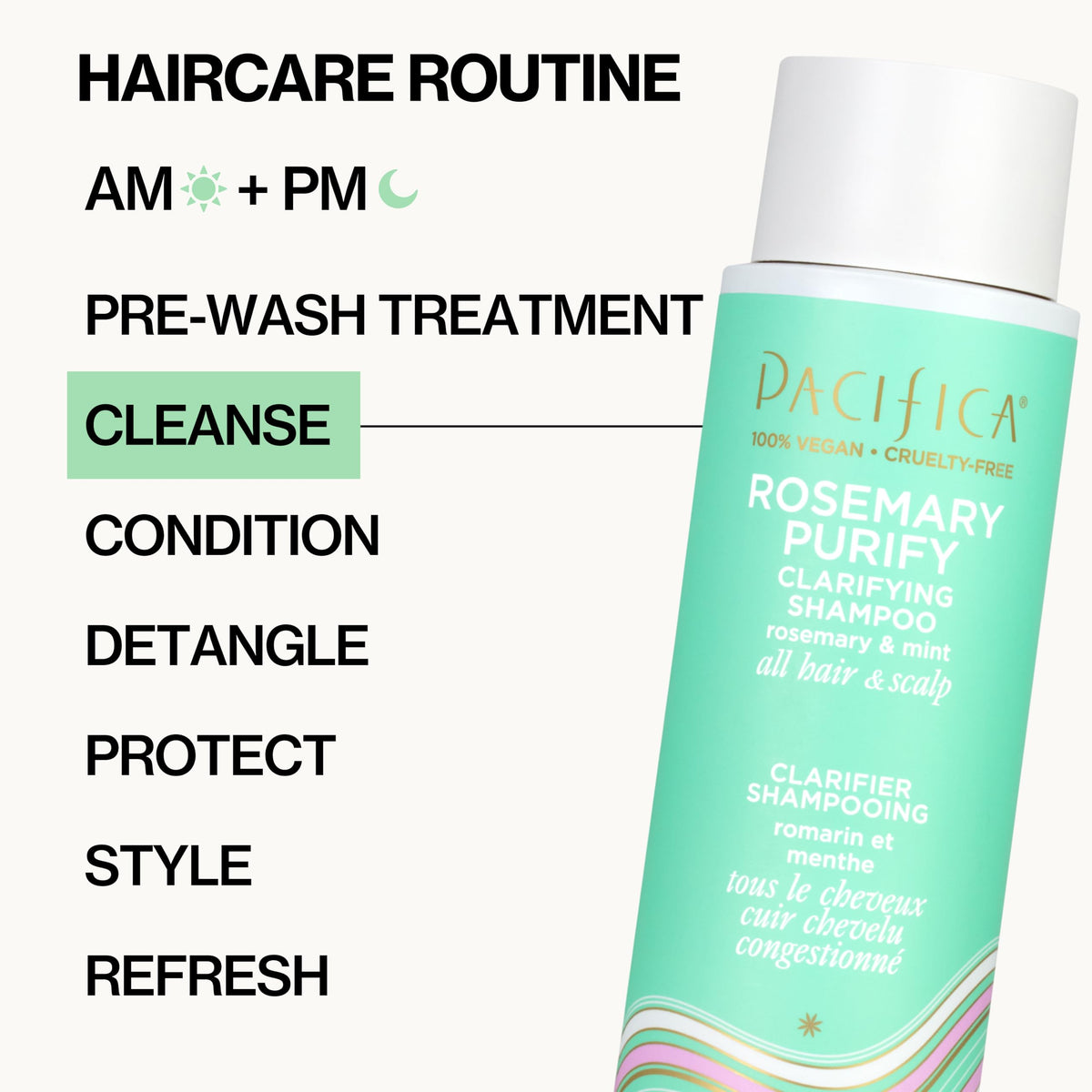 Pacifica Rosemary Purify bottle beside hand for scale showing travel-friendly size