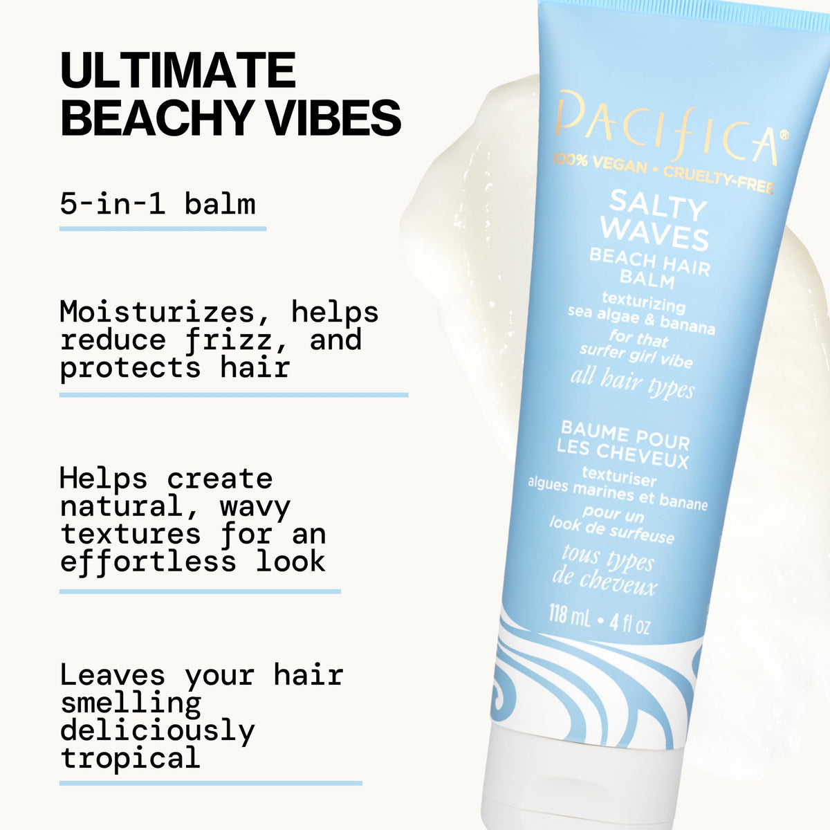 Open jar showing creamy Pacifica balm texture that blends smoothly into hair