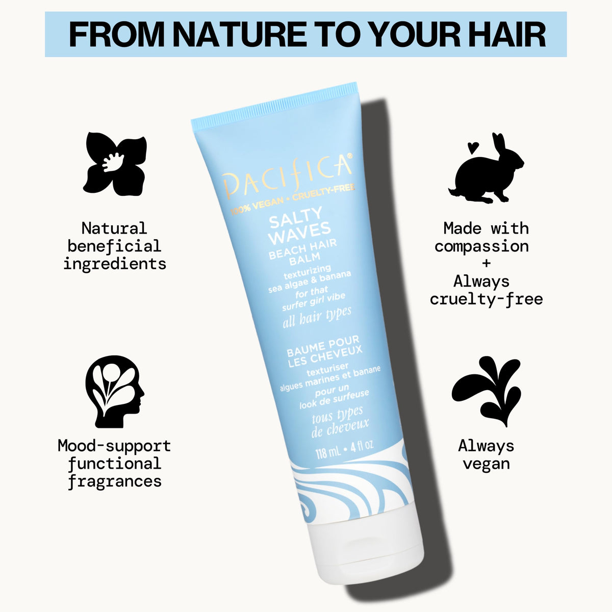 Soft tousled waves after using Pacifica balm, showing touchable, frizz‑controlled finish