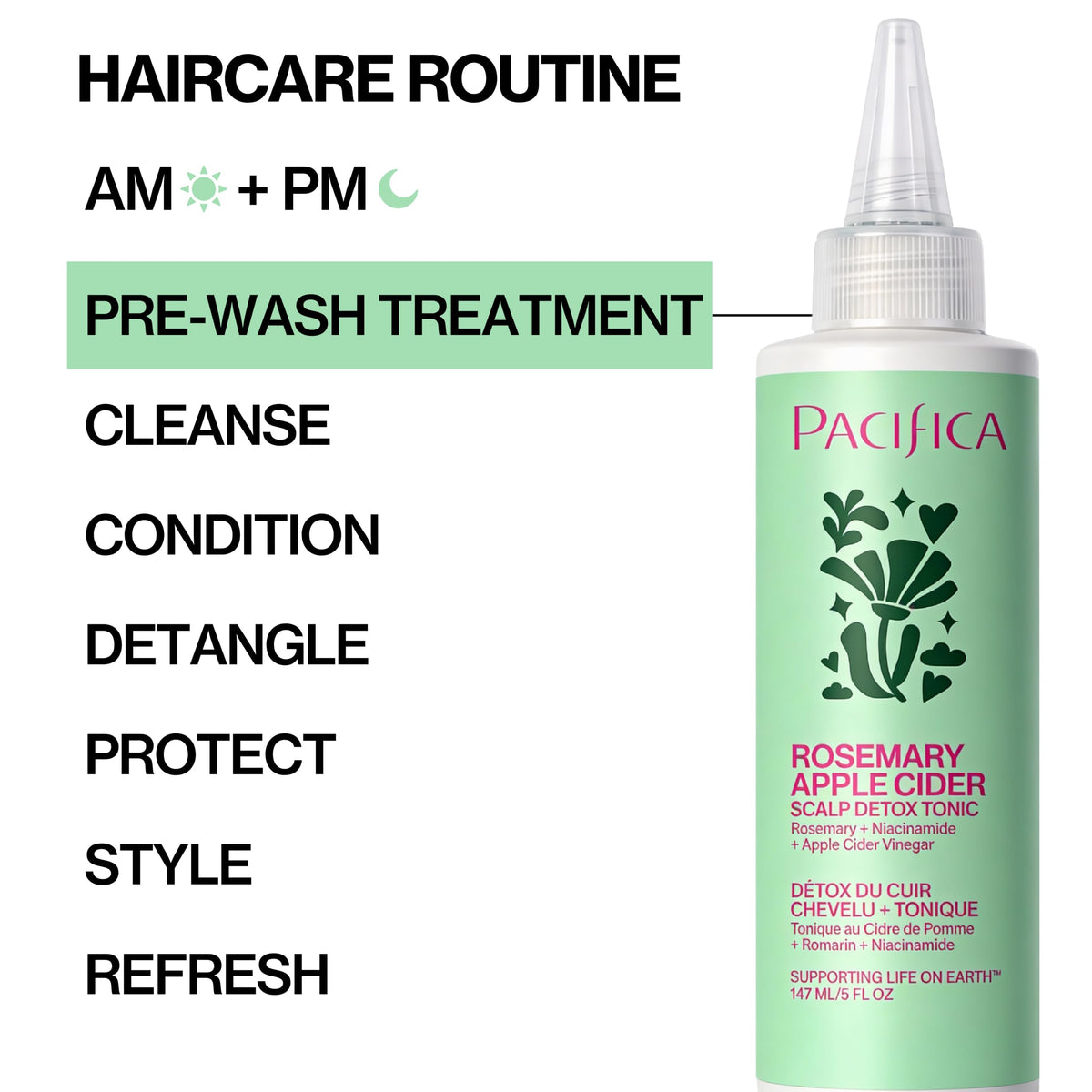 Pacifica applied to parted hair showing direct scalp delivery for effective buildup removal