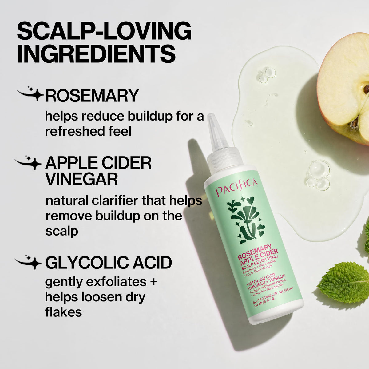 Pacifica botanical ingredients display with rosemary and apple cider vinegar supporting clarity