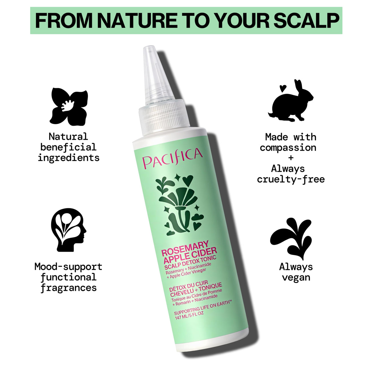 Pacifica tonic in a shower lifestyle scene showing soothing pre-shampoo ritual benefit