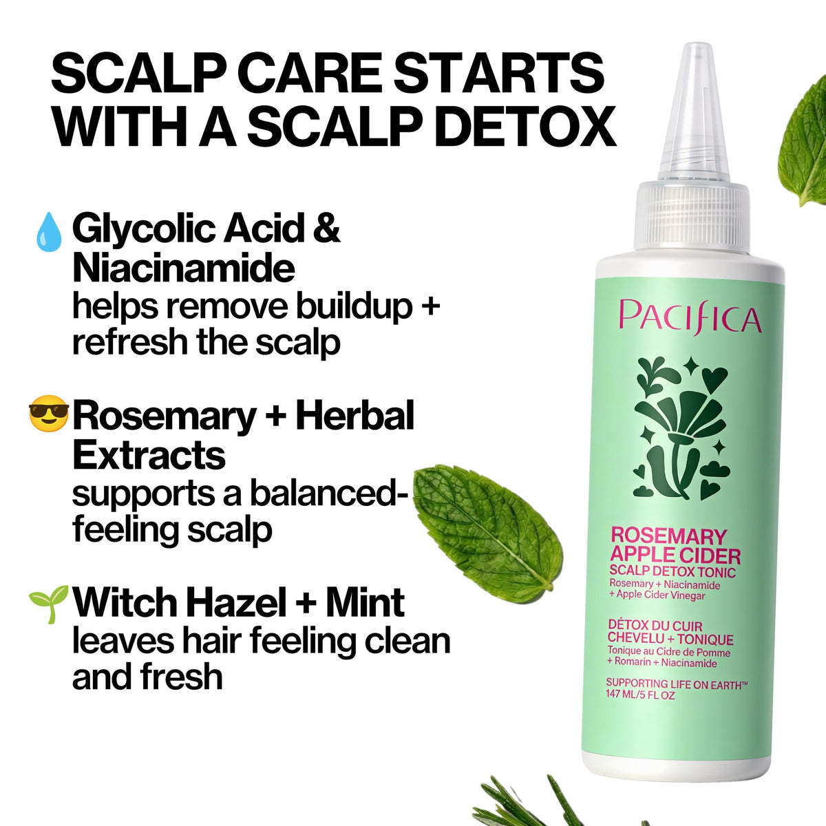 Pacifica nozzle application closeup applying tonic to precise scalp sections for targeted use