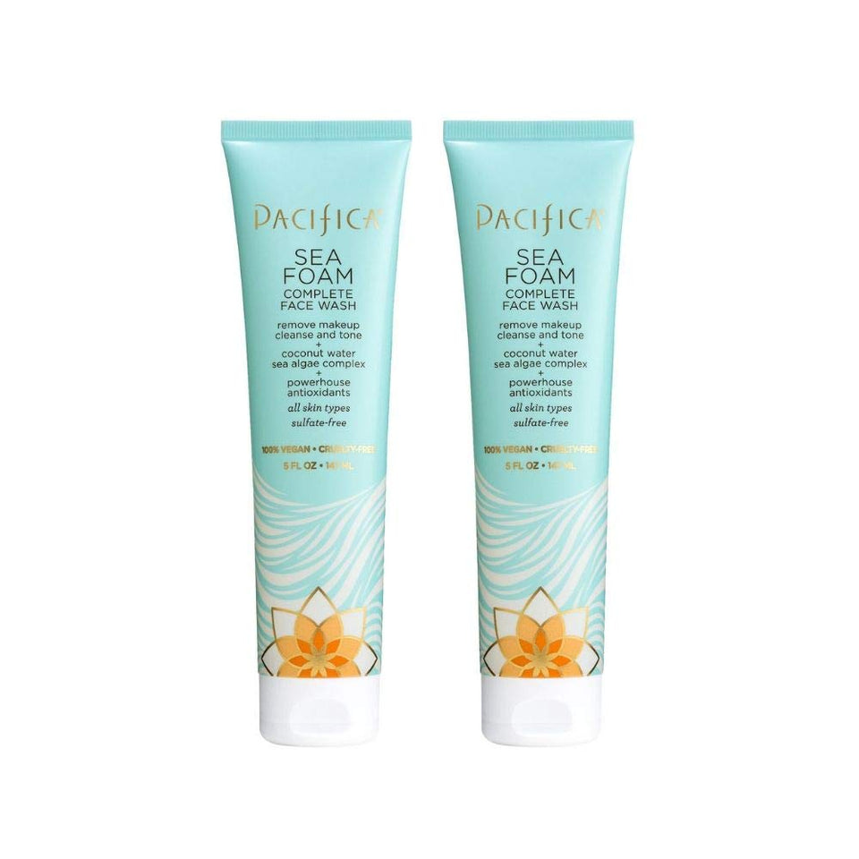Pacifica Sea Foam front packaging showing product benefits and two bottles
