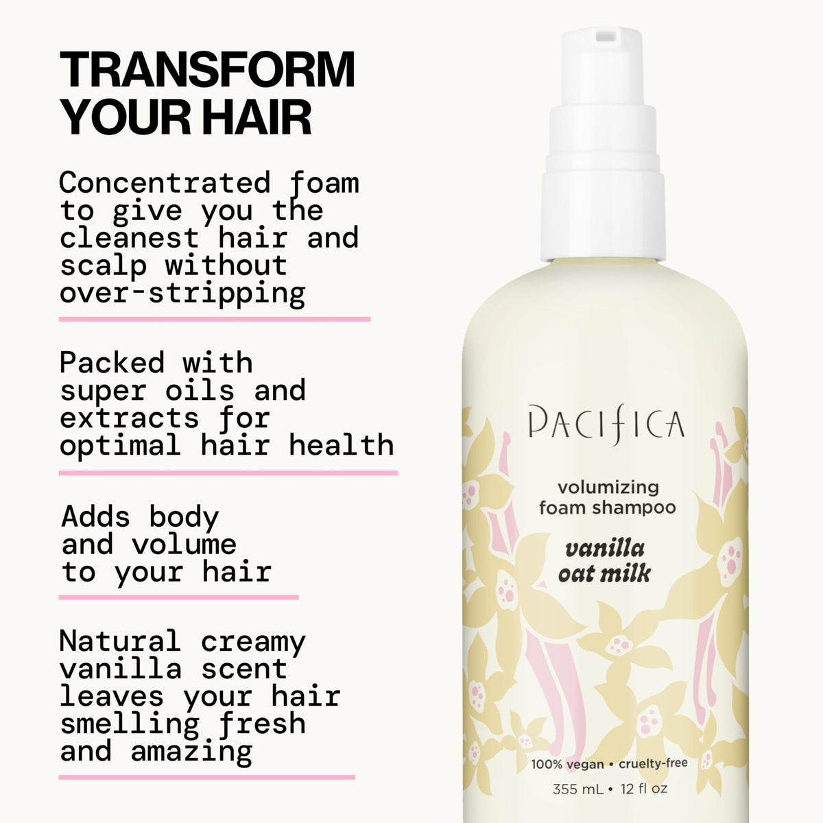 Pacifica shampoo texture with light lather demonstrating gentle cleansing and volume