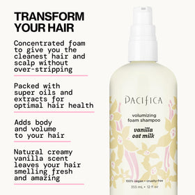 Pacifica shampoo texture with light lather demonstrating gentle cleansing and volume