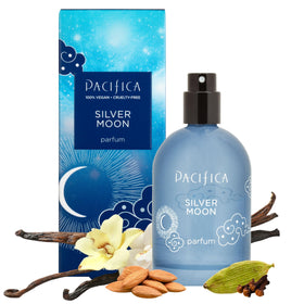 Pacifica Silver Moon front bottle shows elegant label and compact size for travel