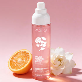 Close-up of Pacifica Solar Flower bottle detail highlighting nozzle and label for easy application