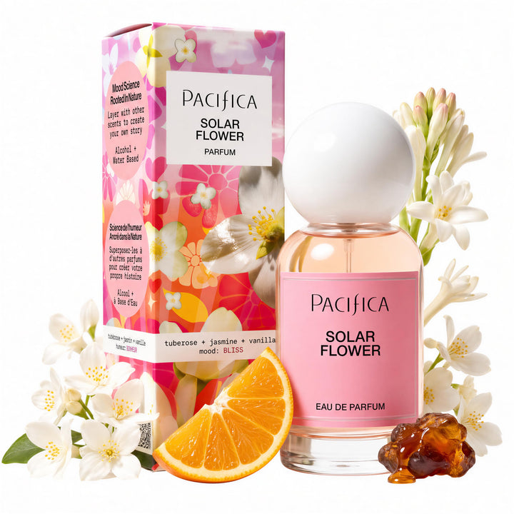 Pacifica front bottle showing elegant floral perfume and compact design benefit