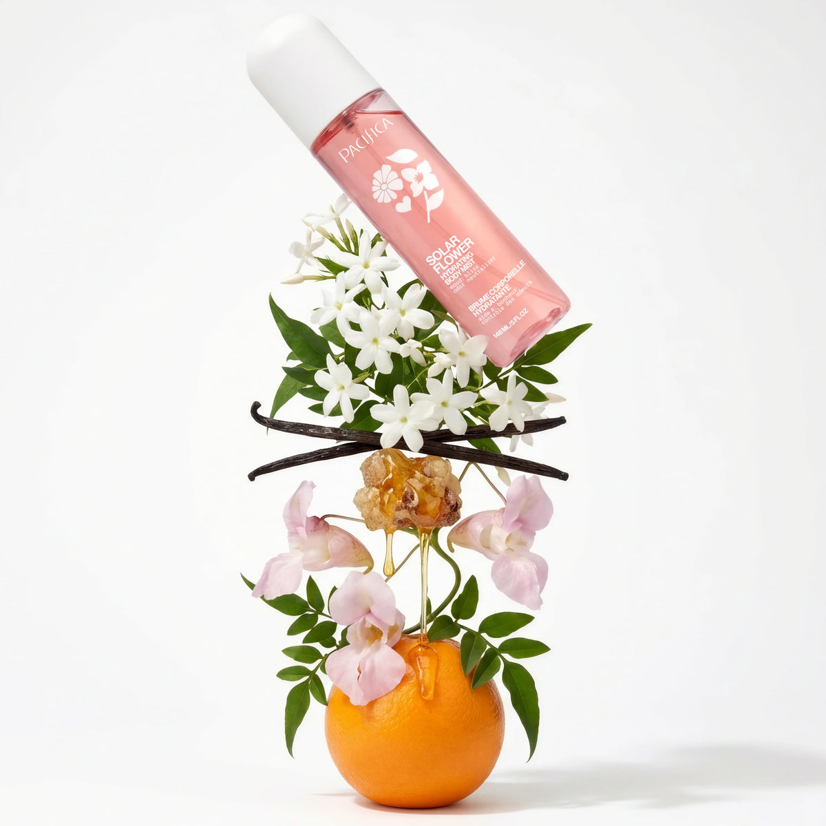 Pacifica Solar Flower ingredient label visible to show clean vegan formula and skin-friendly claims