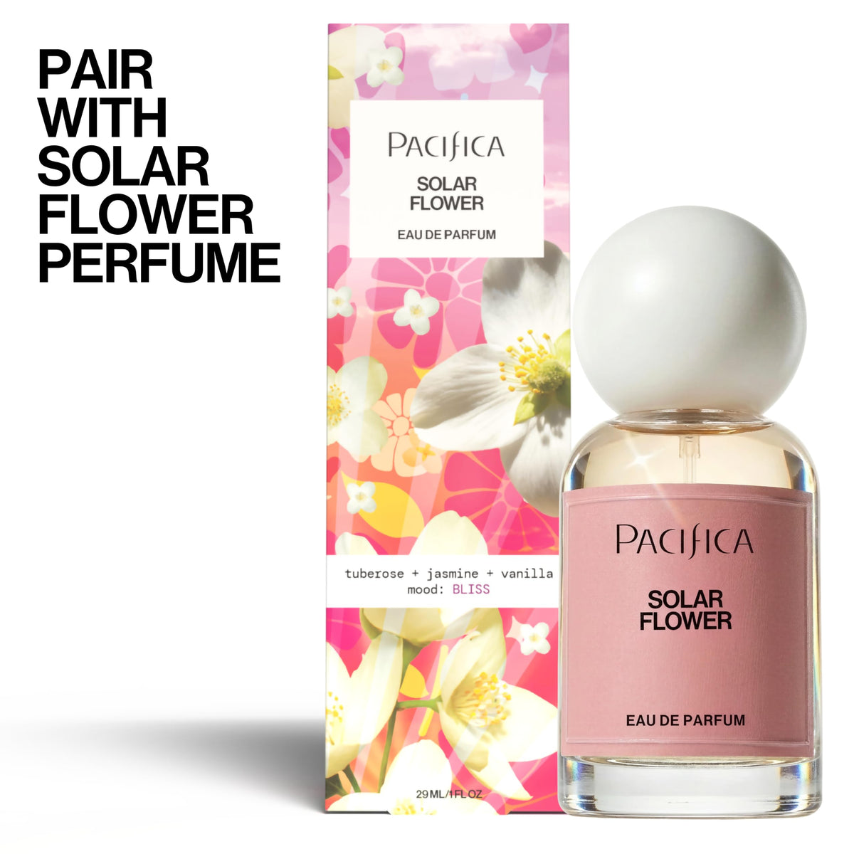Pacifica Solar Flower next to a hand for scale to show the convenient 5 fl oz travel-ready size
