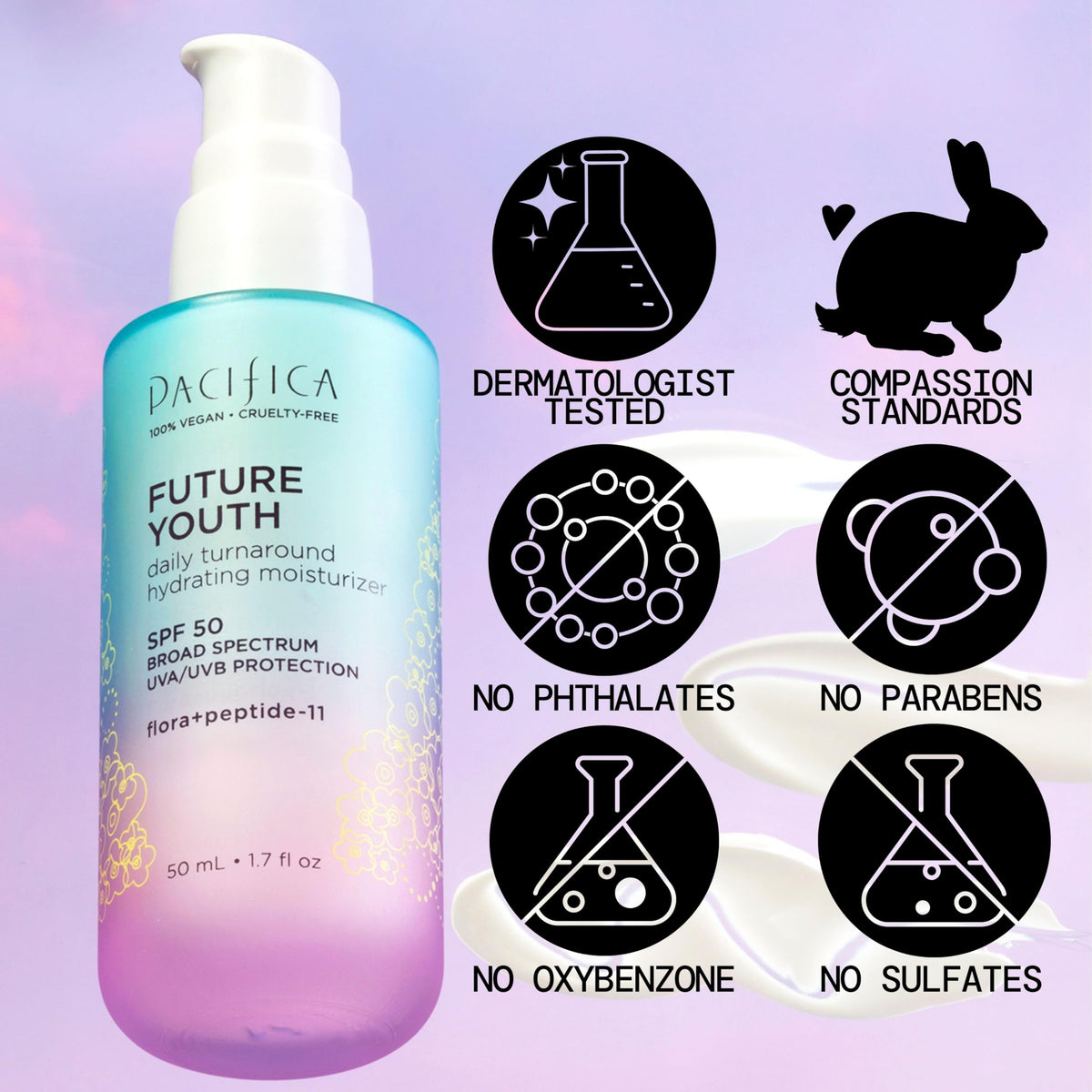 Pacifica SPF50 label detail on tube demonstrating broad-spectrum protection