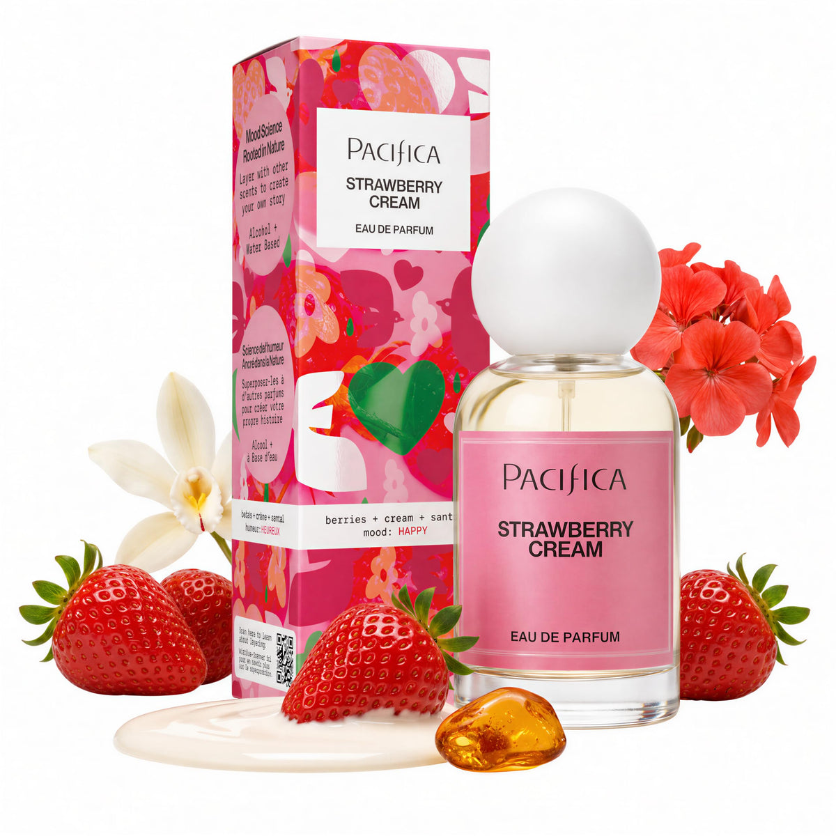 Pacifica bottle front view showing clean design and bright pink label benefit: recognizable brand scent
