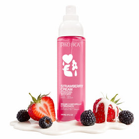 Pacifica front packaging showing strawberry cream scent and recyclable bottle benefit