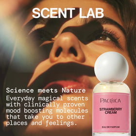 Pacifica bottle on a vanity with flowers conveying lifestyle use and cheerful scent mood