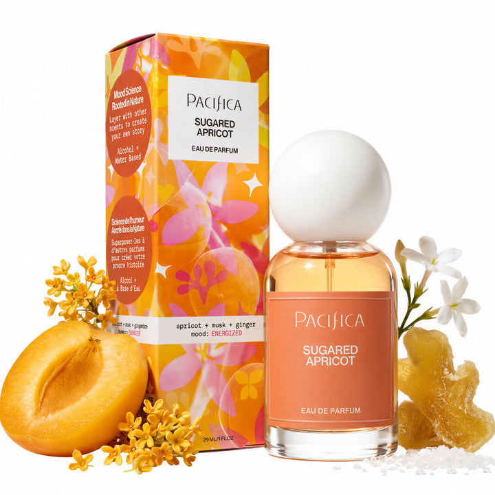 Pacifica Sugared Apricot front bottle showing label and glass and inviting scent