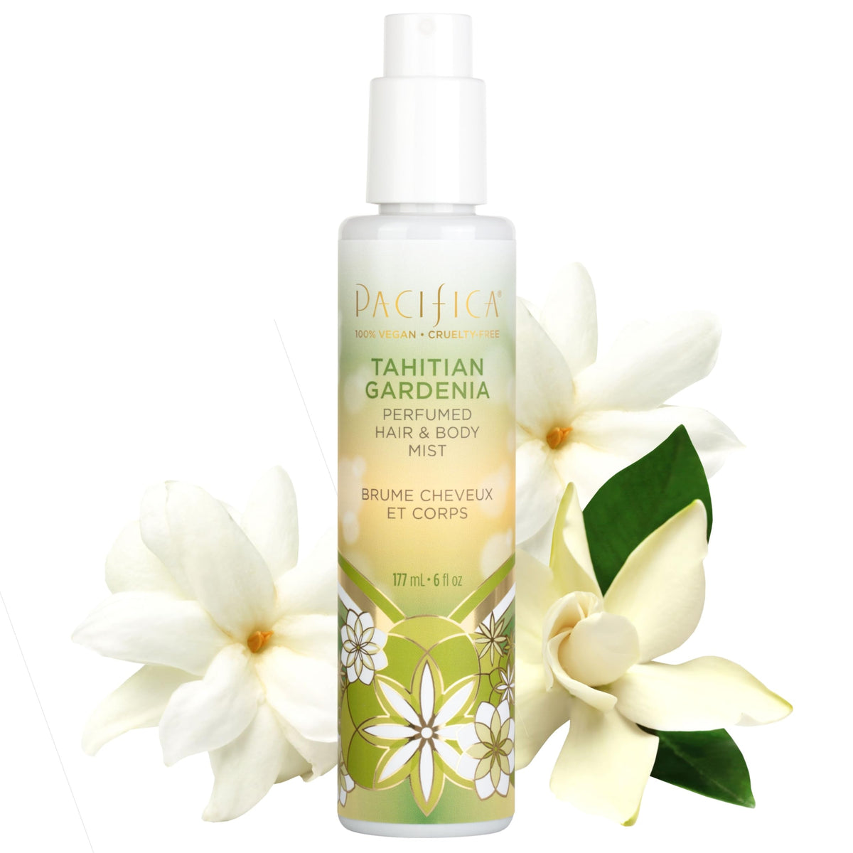 Pacifica Tahitian Gardenia front packaging showing bottle and label benefits