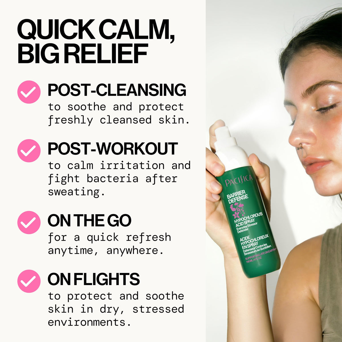 Pacifica fine droplets on cheek illustrating lightweight texture and quick absorption
