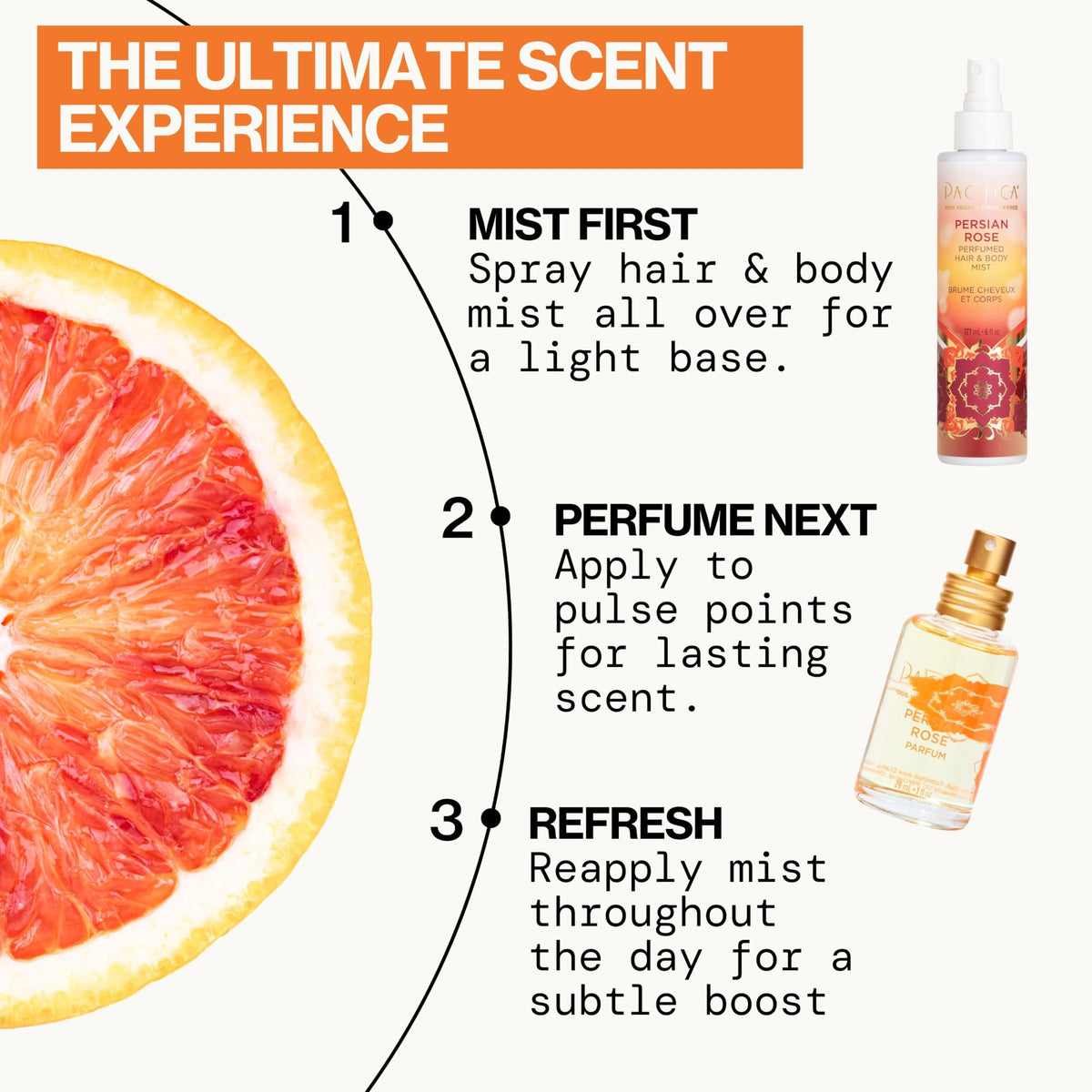 Hair spritzed with Pacifica mist to show light fragrance and freshness benefit
